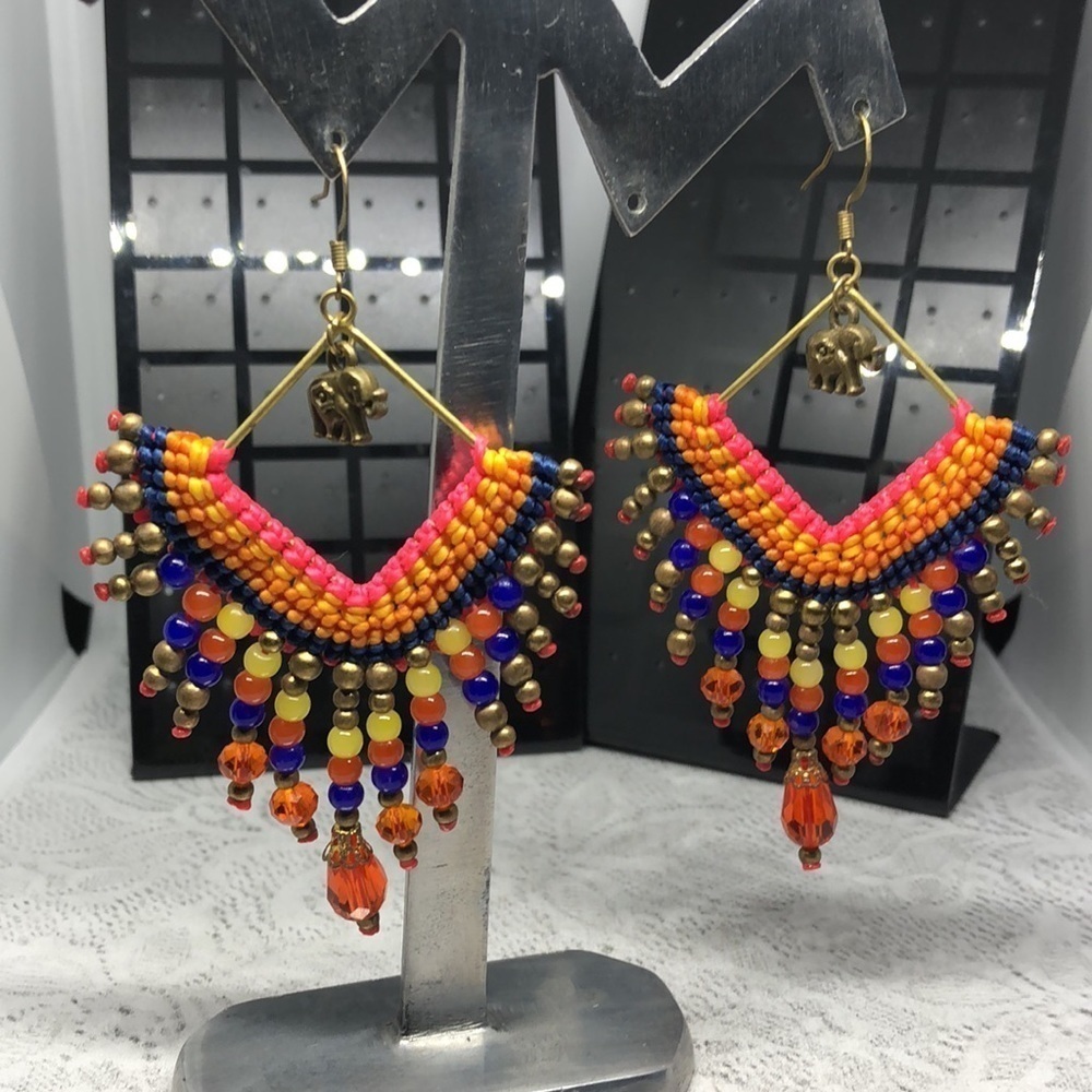 VINTAGE Made in India Boho Statement Earrings Beaded